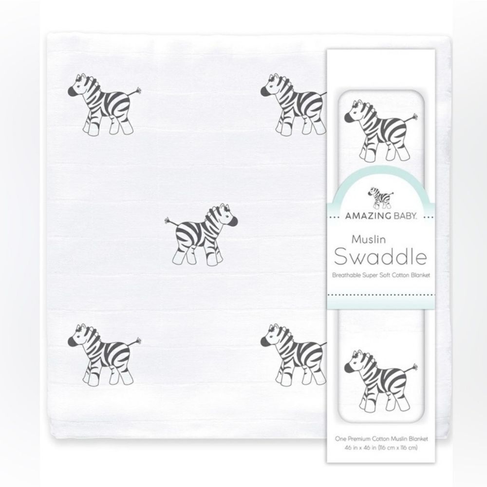 Amazing Baby Muslin Swaddle Breathable Super Soft Cotton Zebra Blanket 36”x36"